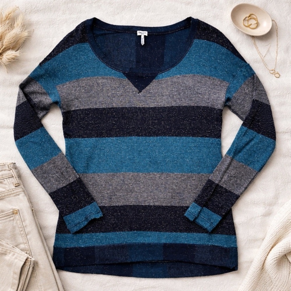 Splendid Striped Top Women Small Blue Metallic Lurex Long Sleeve Scoop Neck Boho